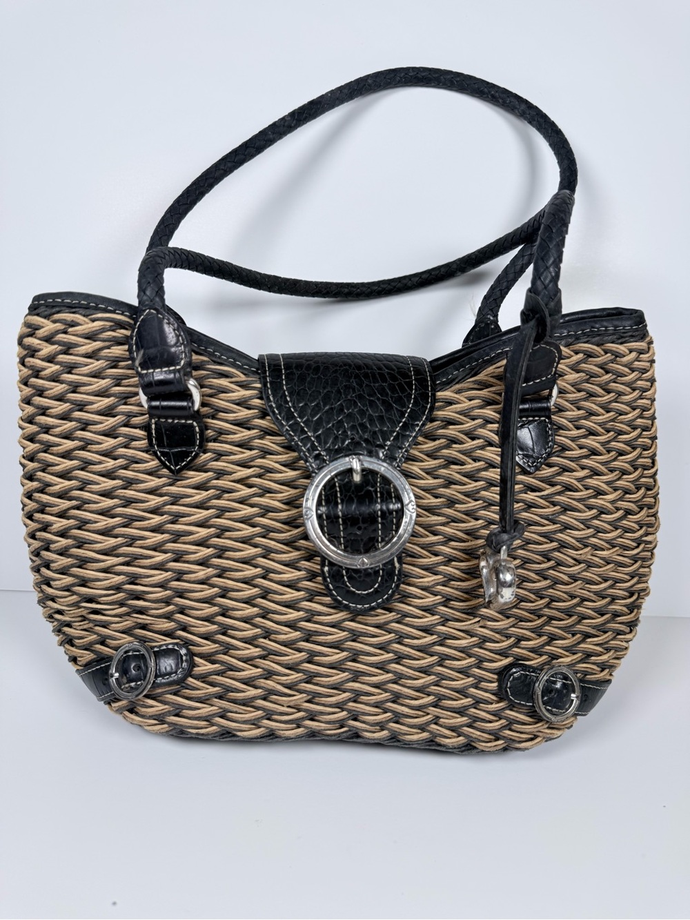 Brighton Debbie Woven Straw Black Leather Shoulder Bag Purse Tote